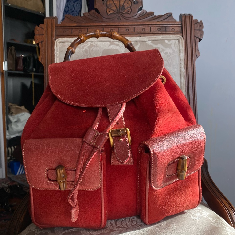 Vintage Gucci Red Suede Backpack with Bamboo Handle